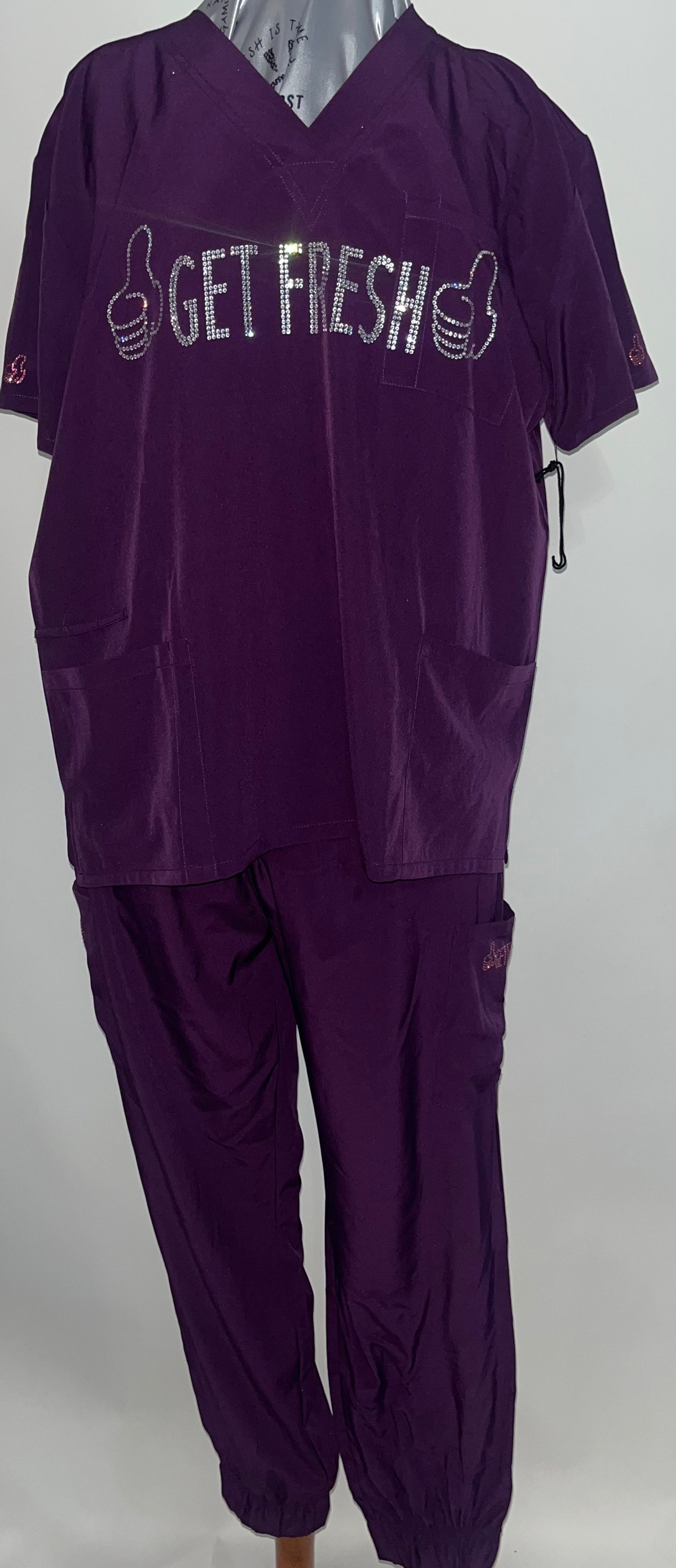 GET FRESH OR GET LOST Two Piece  Scrubs Size 2X With Clear And Pink Rhinestones