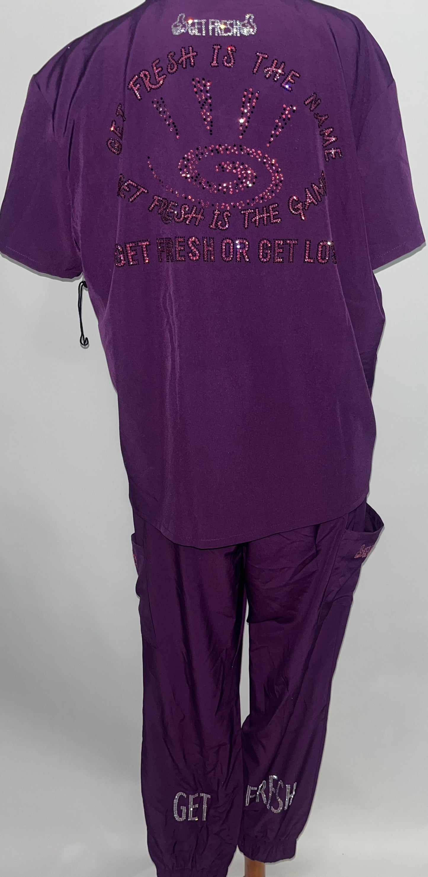 GET FRESH OR GET LOST Two Piece  Scrubs Size 2X With Clear And Pink Rhinestones