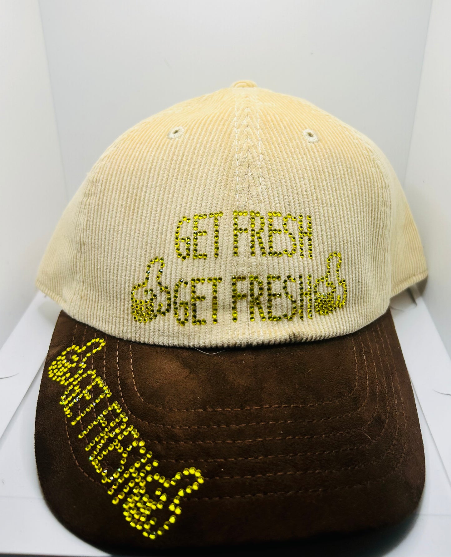 Cream And Black GET FRESH OR GET LOST Dad Hats With Yellow Rhinestone Embroidery