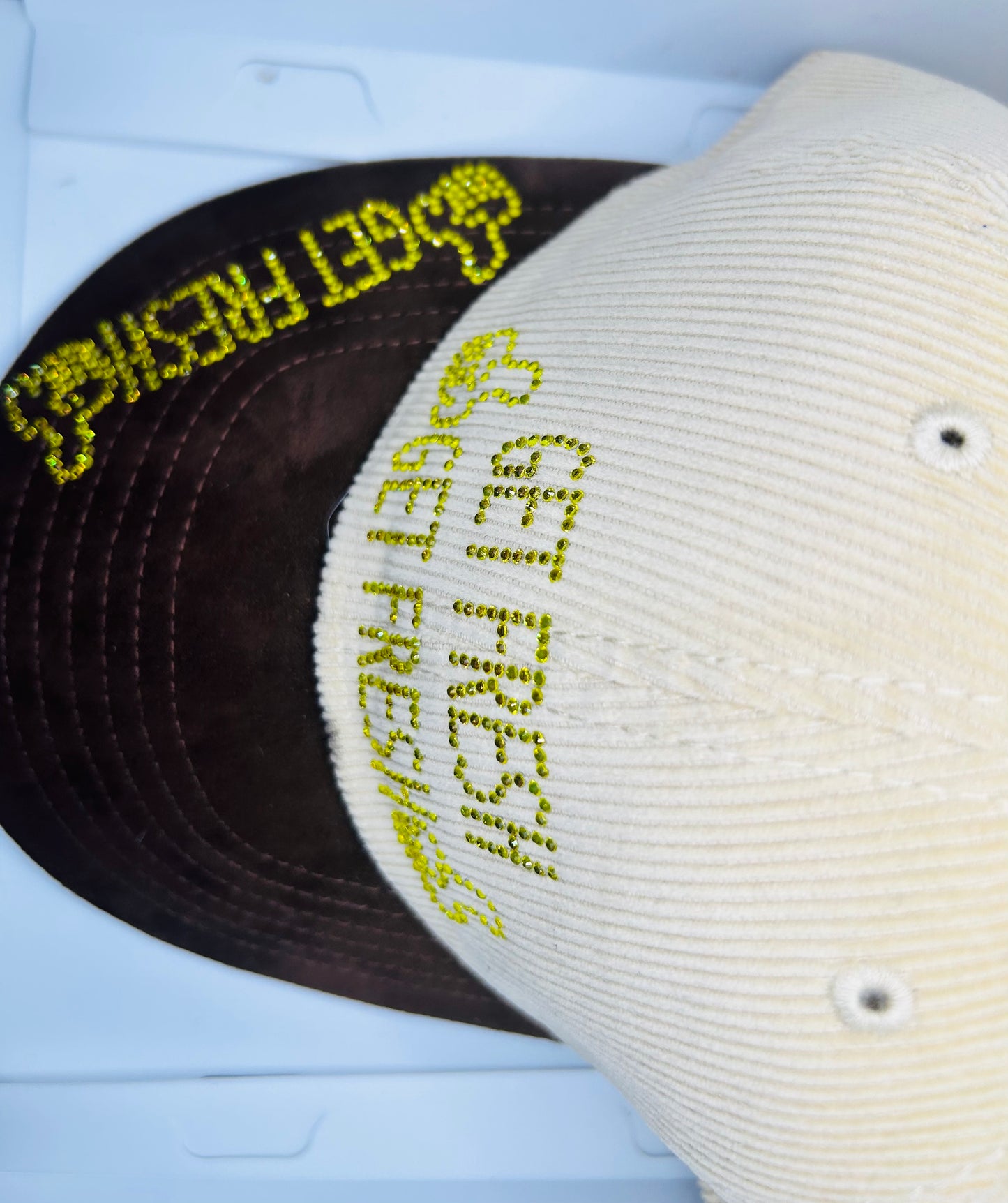 Cream And Black GET FRESH OR GET LOST Dad Hats With Yellow Rhinestone Embroidery