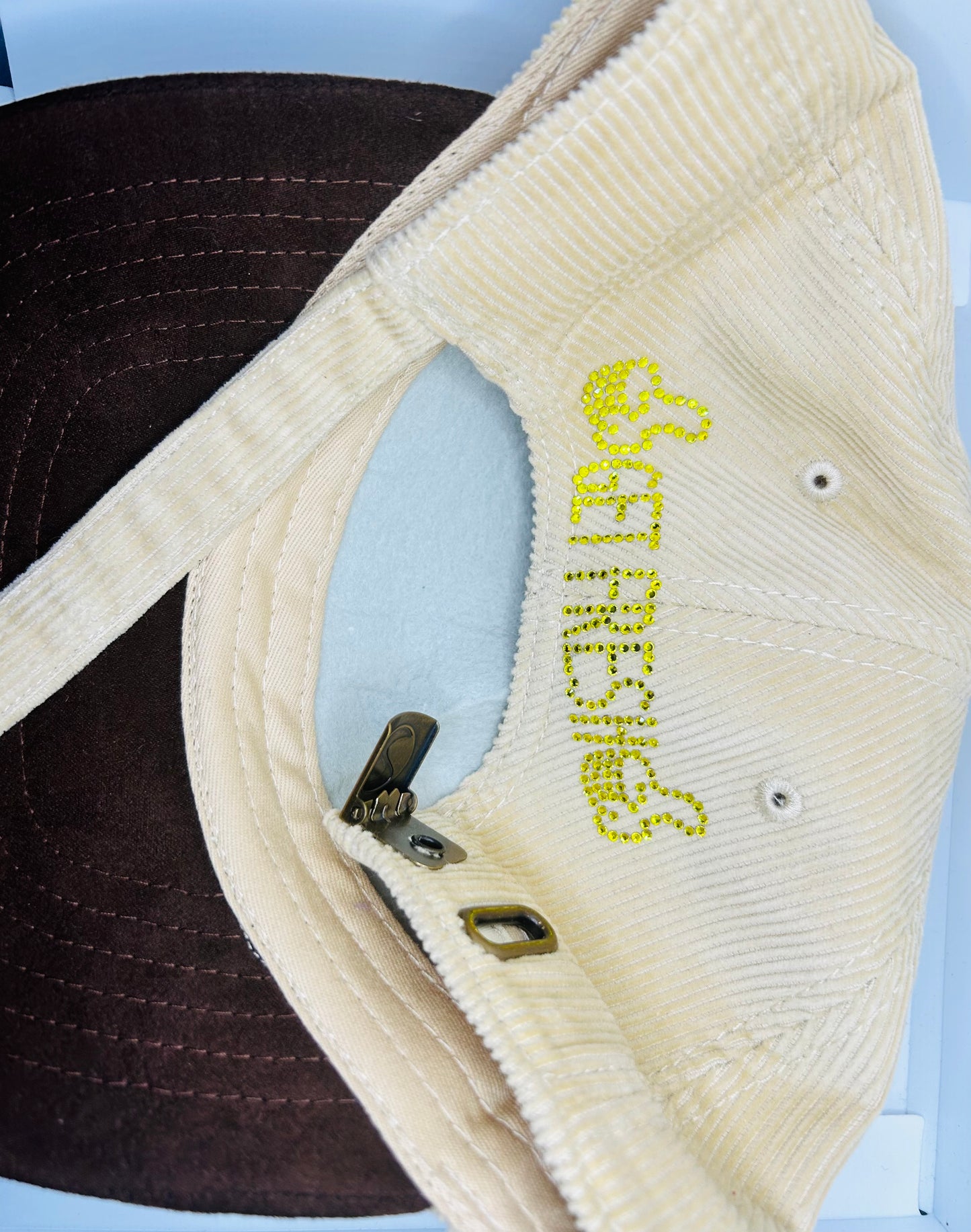 Cream And Black GET FRESH OR GET LOST Dad Hats With Yellow Rhinestone Embroidery