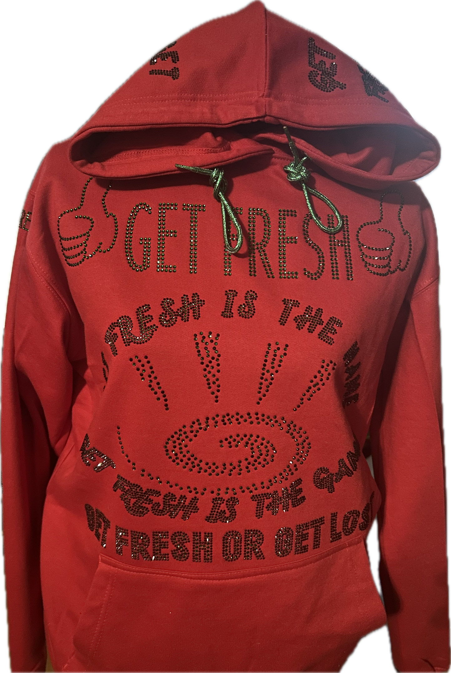 Red GET FRESH OR GET LOST Sweater With Green Rhinestone Embroidery