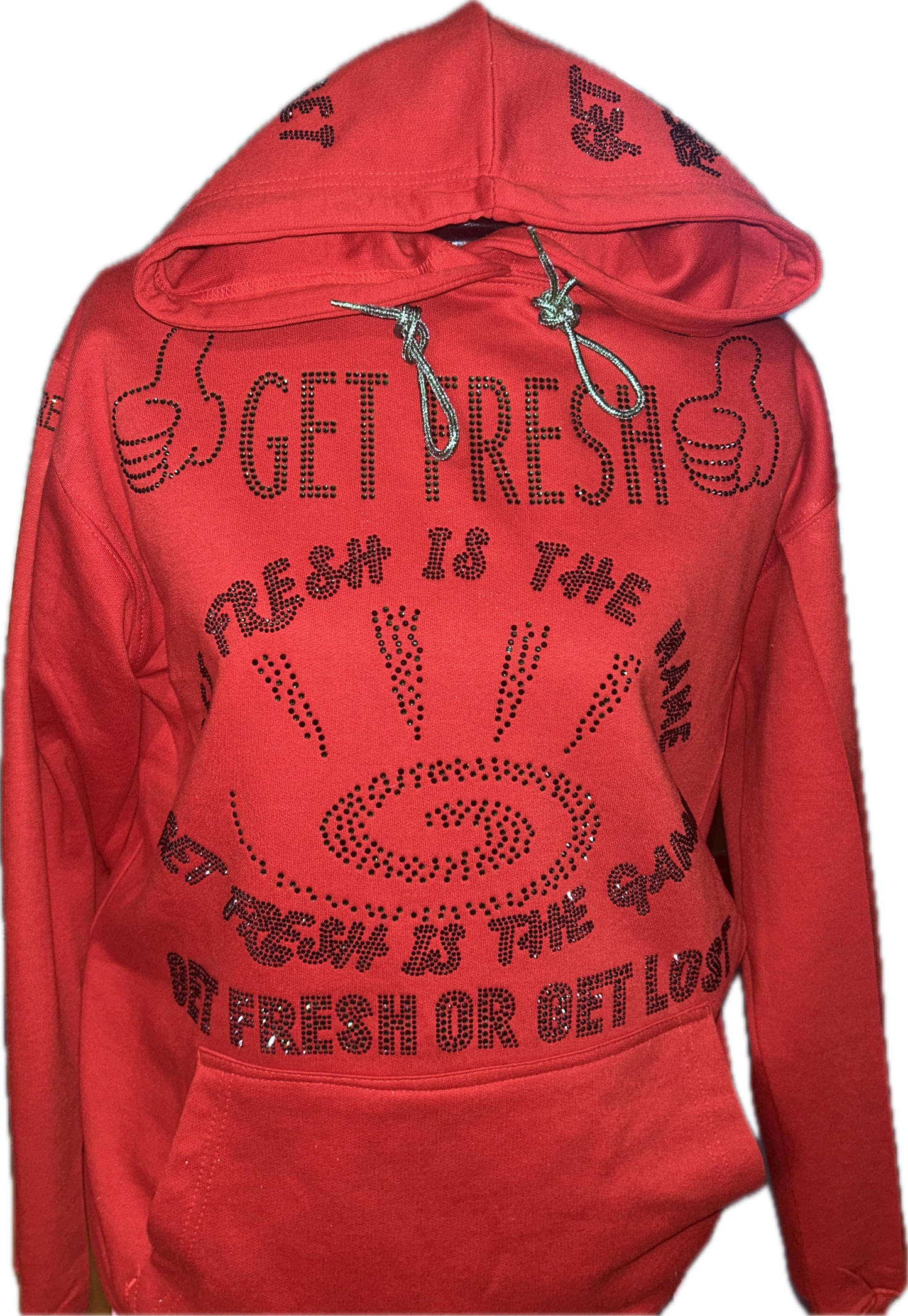 Red GET FRESH OR GET LOST Sweater With Green Rhinestone Embroidery