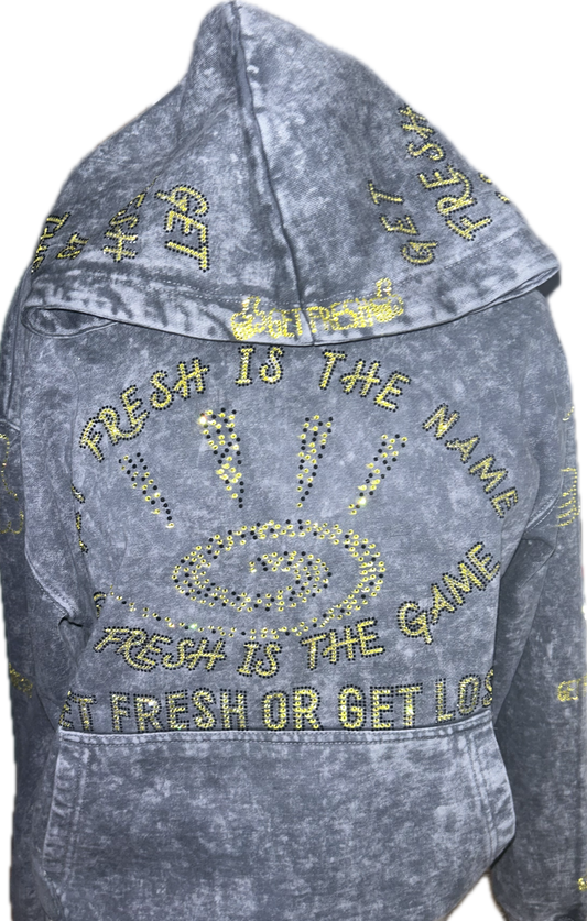 Blue GET FRESH OR GET LOST Hoodie With Yellow & Black Rhinestones