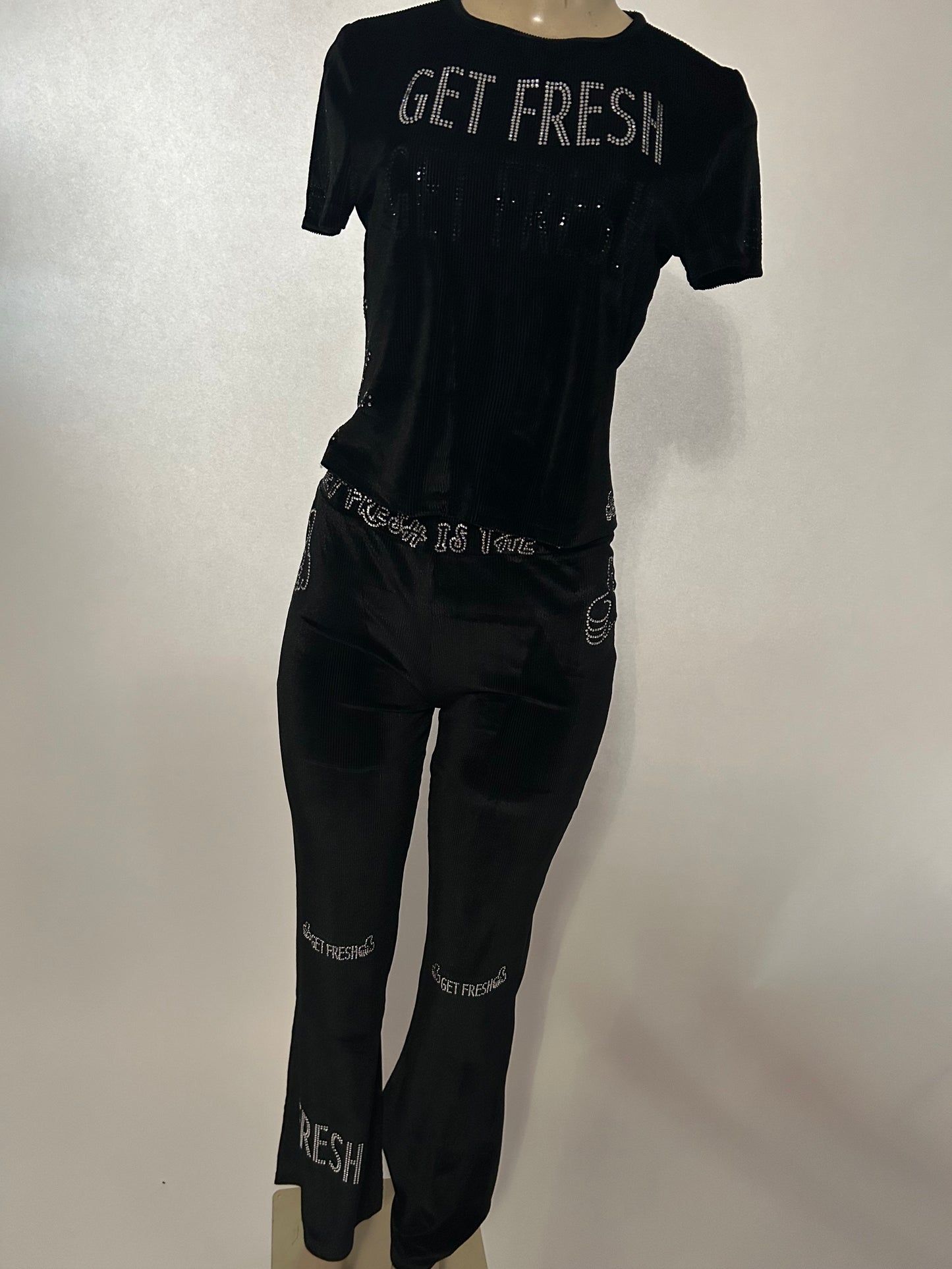 Black On Black GET FRESH OR GET Two-Piece With Clear And Black Rhinestones Embroidery