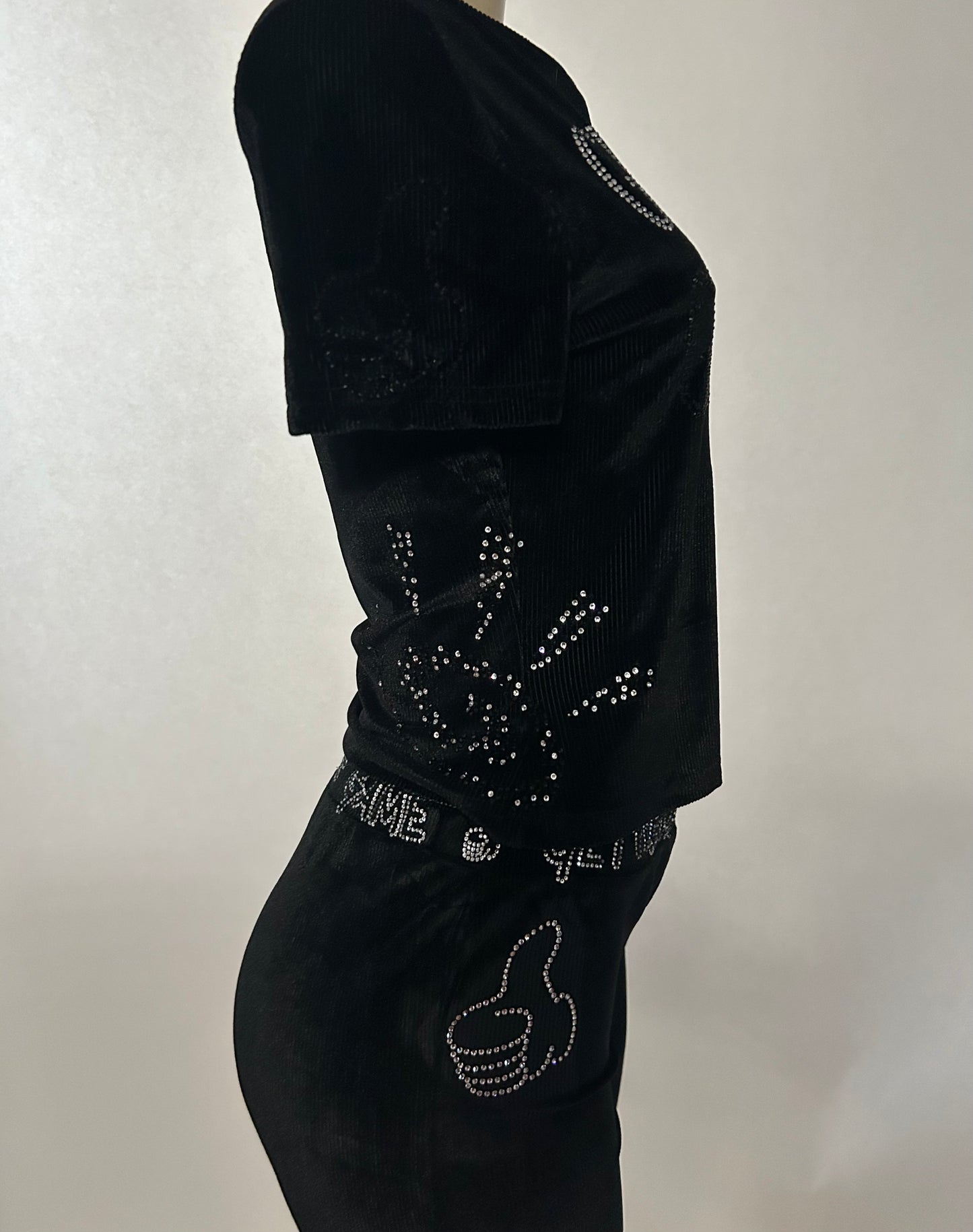 Black On Black GET FRESH OR GET Two-Piece With Clear And Black Rhinestones Embroidery