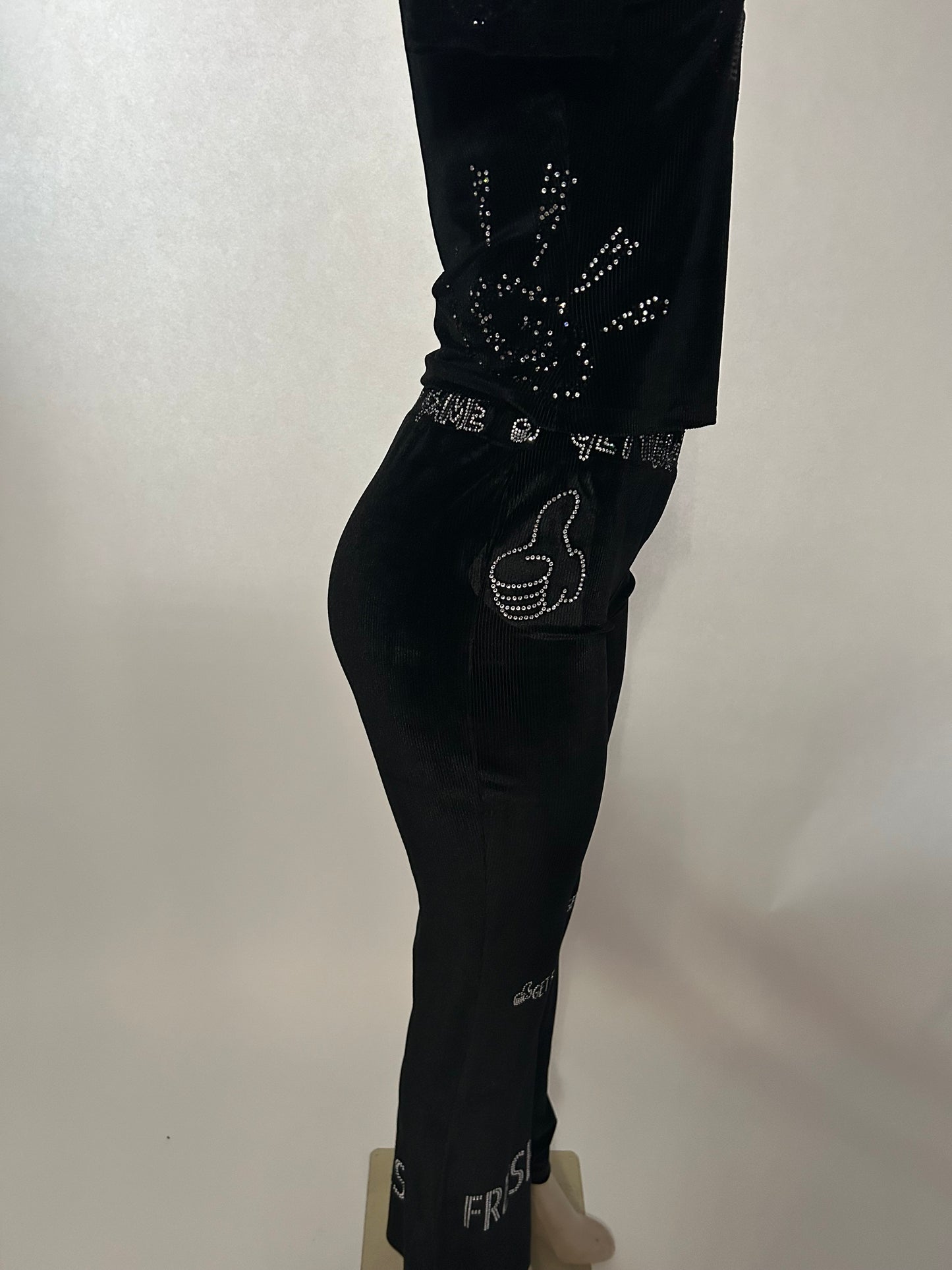 Black On Black GET FRESH OR GET Two-Piece With Clear And Black Rhinestones Embroidery