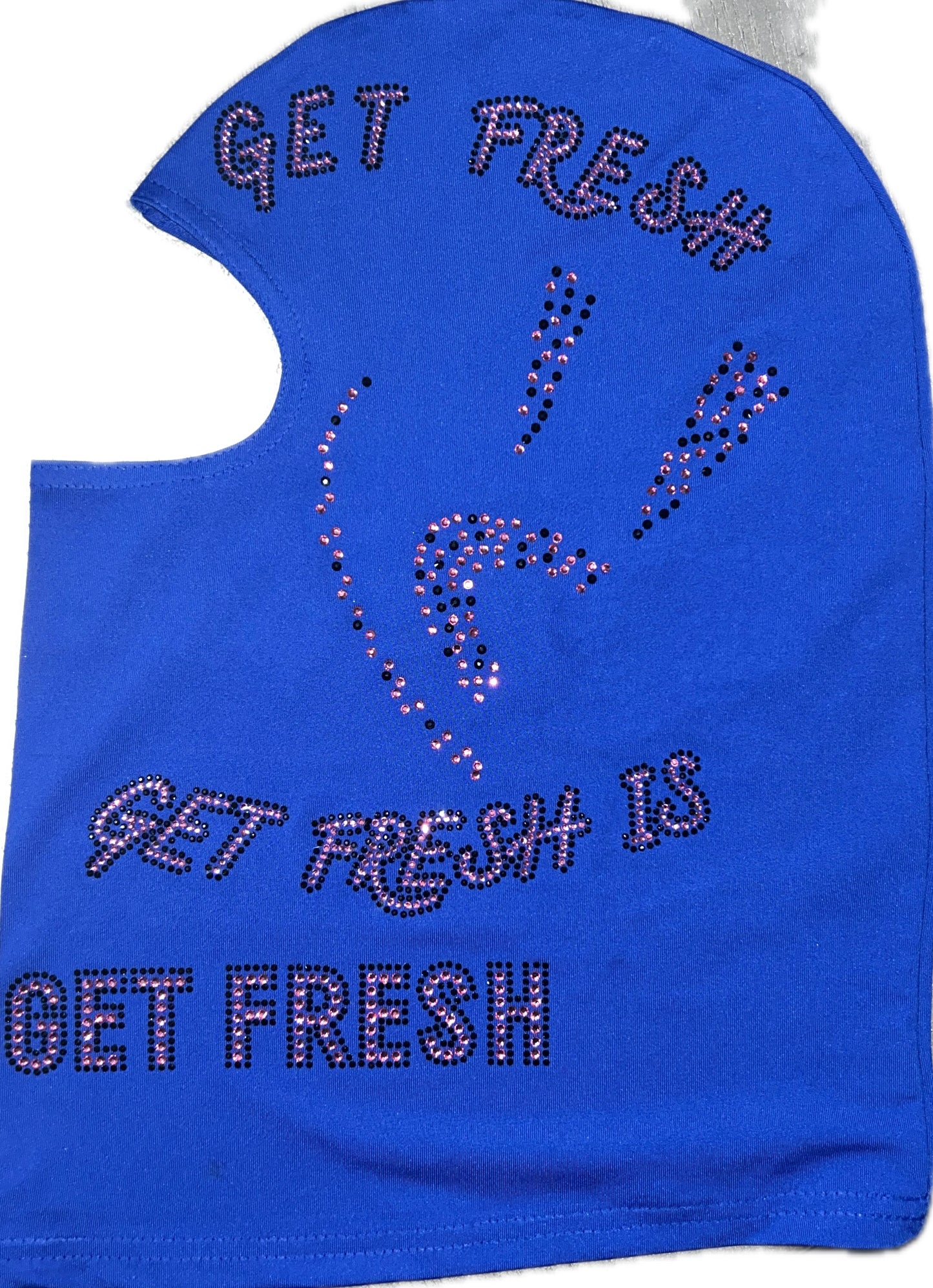 Blue GET FRESH OR GET LOST Ski Mask With Pink & Black Rhinestone Embroidery