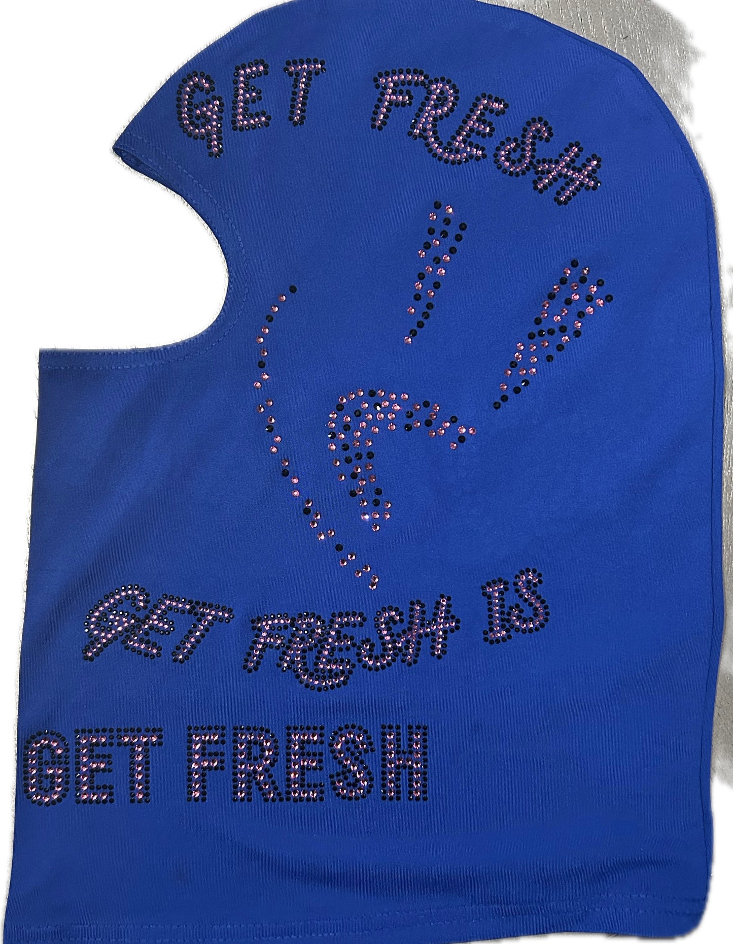 Blue GET FRESH OR GET LOST Ski Mask With Pink & Black Rhinestone Embroidery