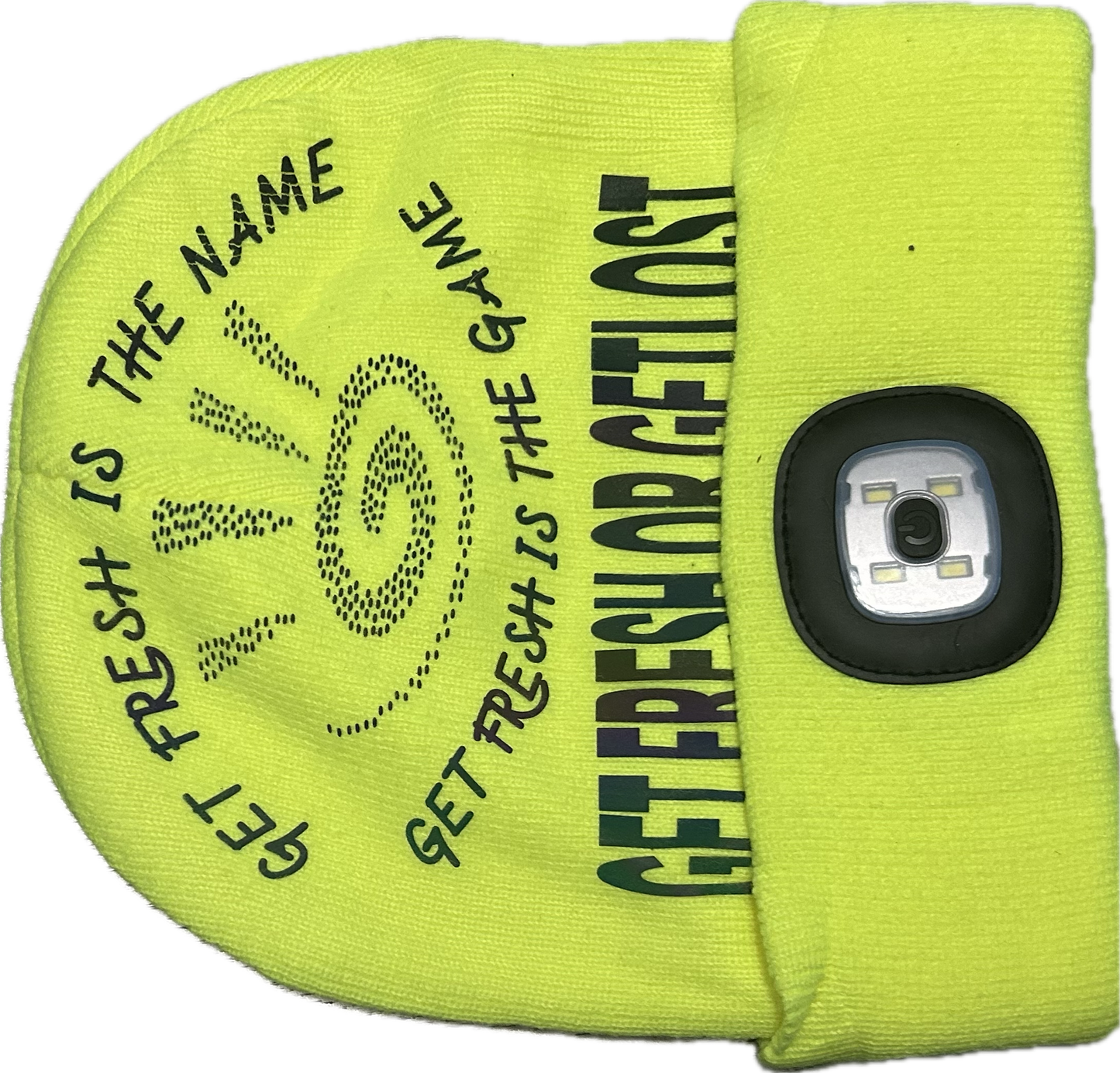 GET FRESH OR GET LOST Flashlight and Bluetooth Lime Green Hat Reflector