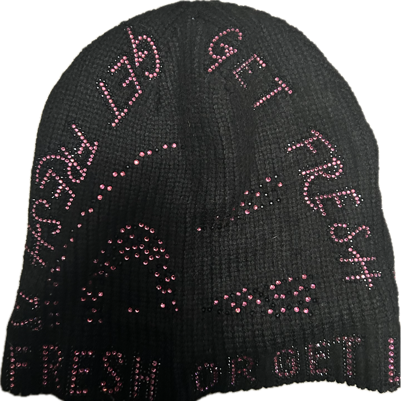 Black GET FRESH OR GET LOST Beanie With Pink Rhinestone