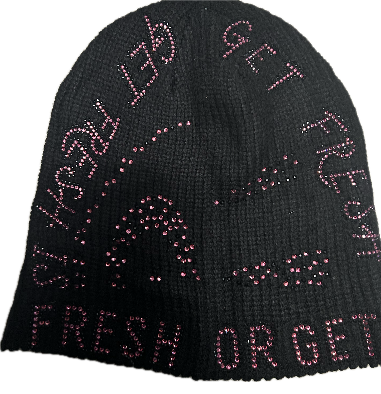 Black GET FRESH OR GET LOST Beanie With Pink Rhinestone