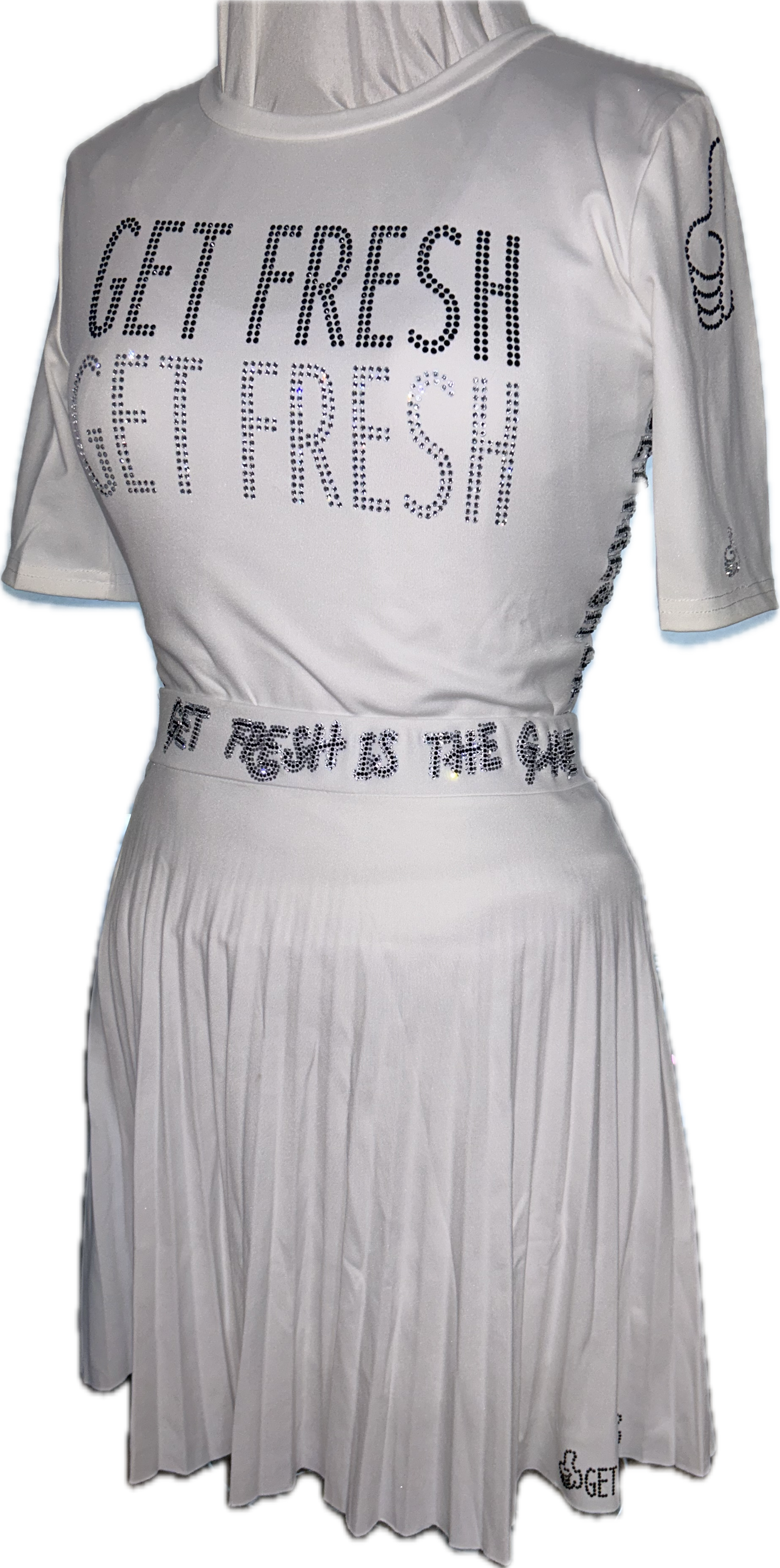 White GET FRESH OR LOST Two-Piece With Clear & Black Rhinestones Embroidery