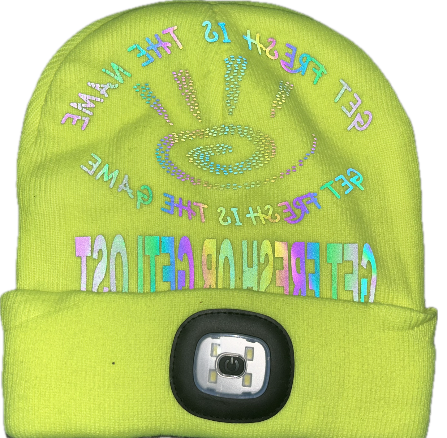 GET FRESH OR GET LOST Flashlight and Bluetooth Lime Green Hat Reflector