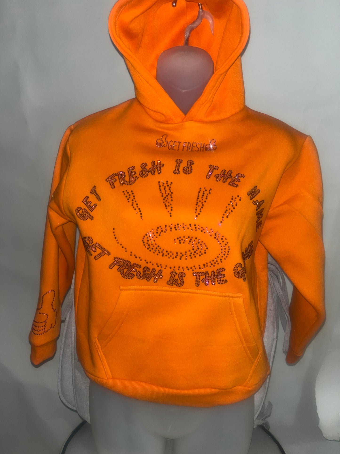 Bright Orange Kids GET FRESH OR GET LOST Hoodie With Pink Rhinestone