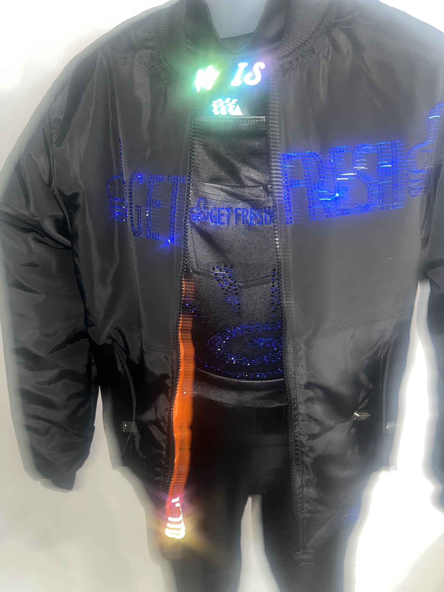 Royal Blue Swarovski Crystals Embroidery Black Bomber Jacket Unisex