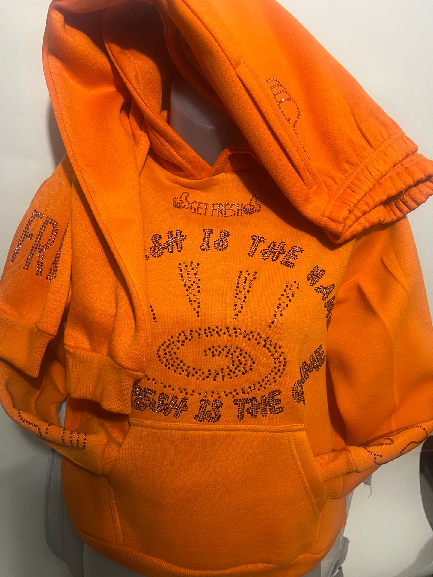 Bright Orange Kids GET FRESH OR GET LOST Hoodie With Pink Rhinestone