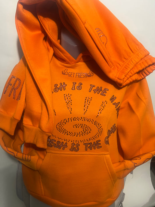 Bright Orange Kids GET FRESH OR GET LOST Hoodie With Pink Rhinestone