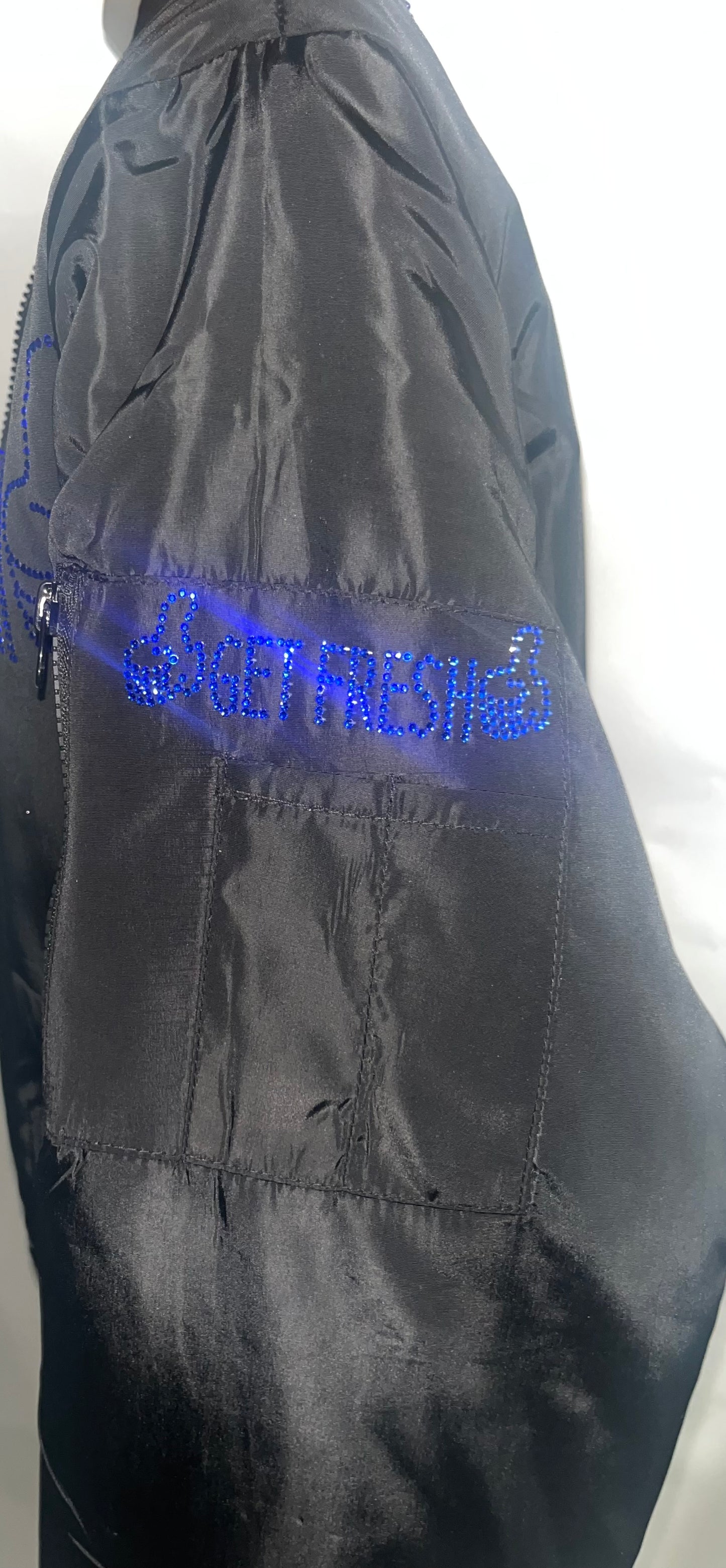 Royal Blue Swarovski Crystals Embroidery Black Bomber Jacket Unisex