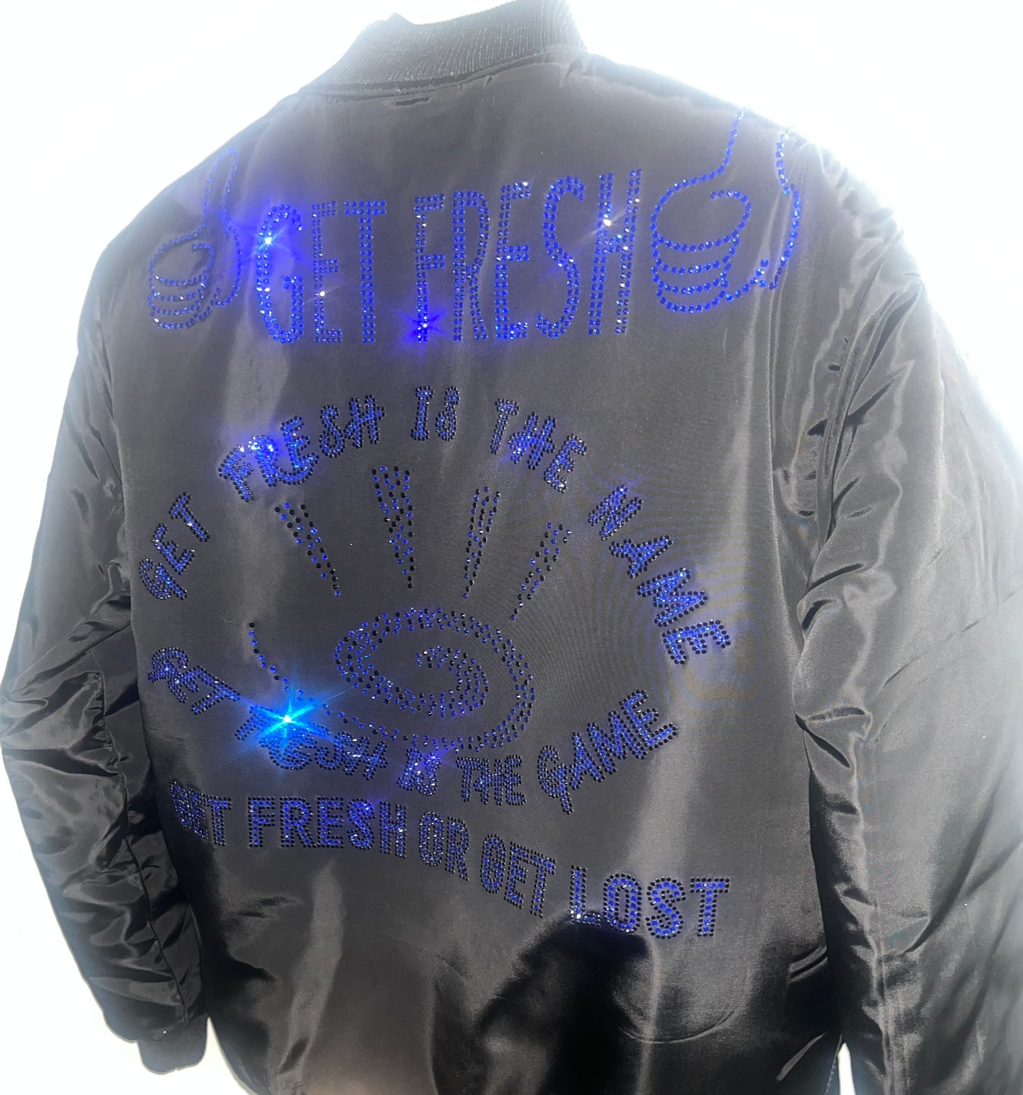 Royal Blue Swarovski Crystals Embroidery Black Bomber Jacket Unisex