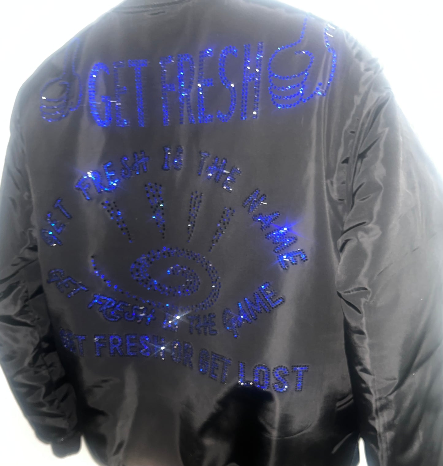 Royal Blue Swarovski Crystals Embroidery Black Bomber Jacket Unisex