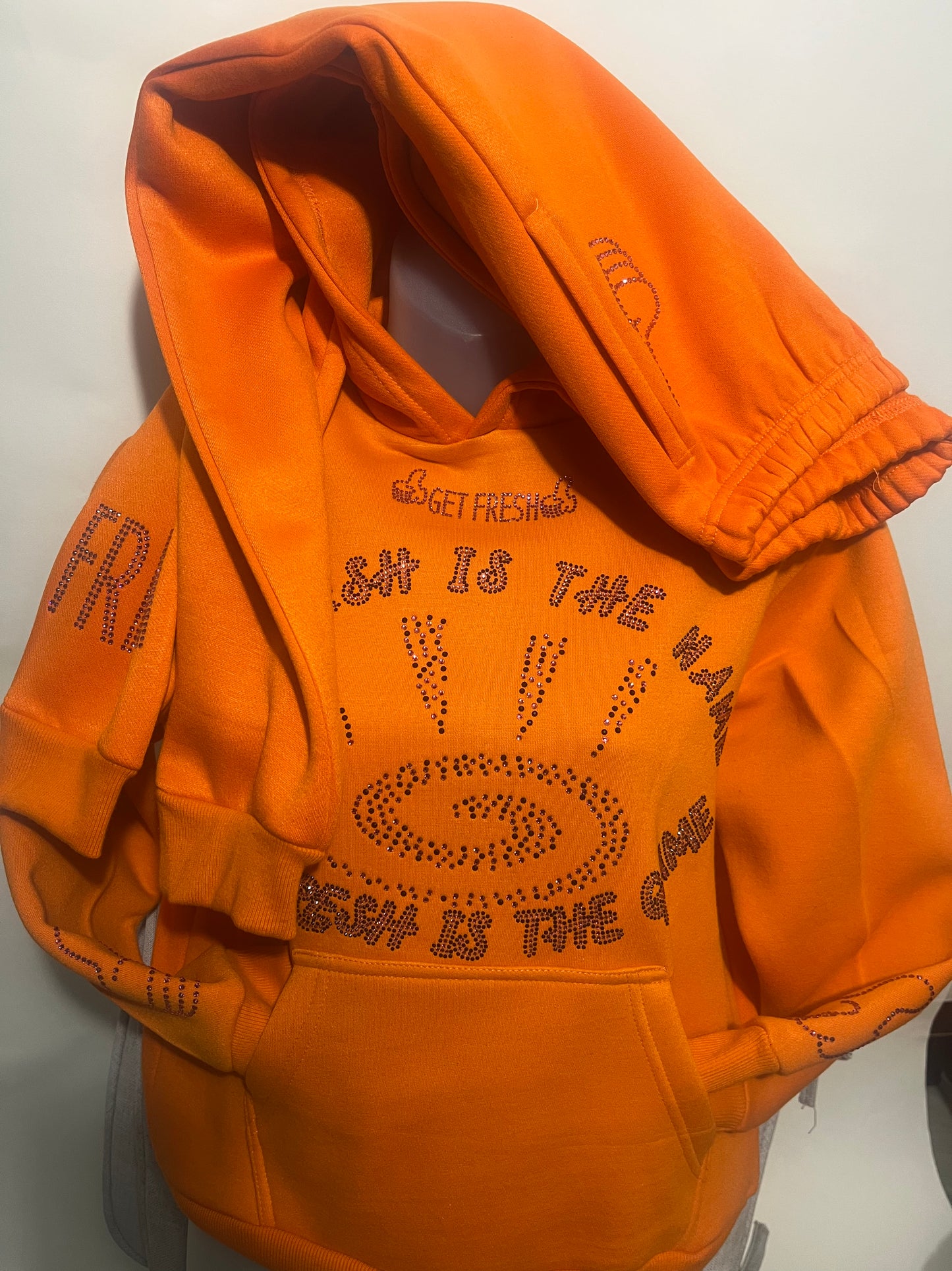 Bright Orange Kids GET FRESH OR GET LOST Hoodie With Pink Rhinestone