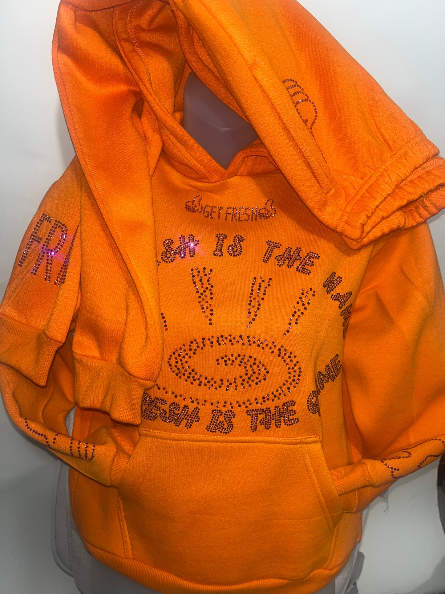 Bright Orange Kids GET FRESH OR GET LOST Hoodie With Pink Rhinestone