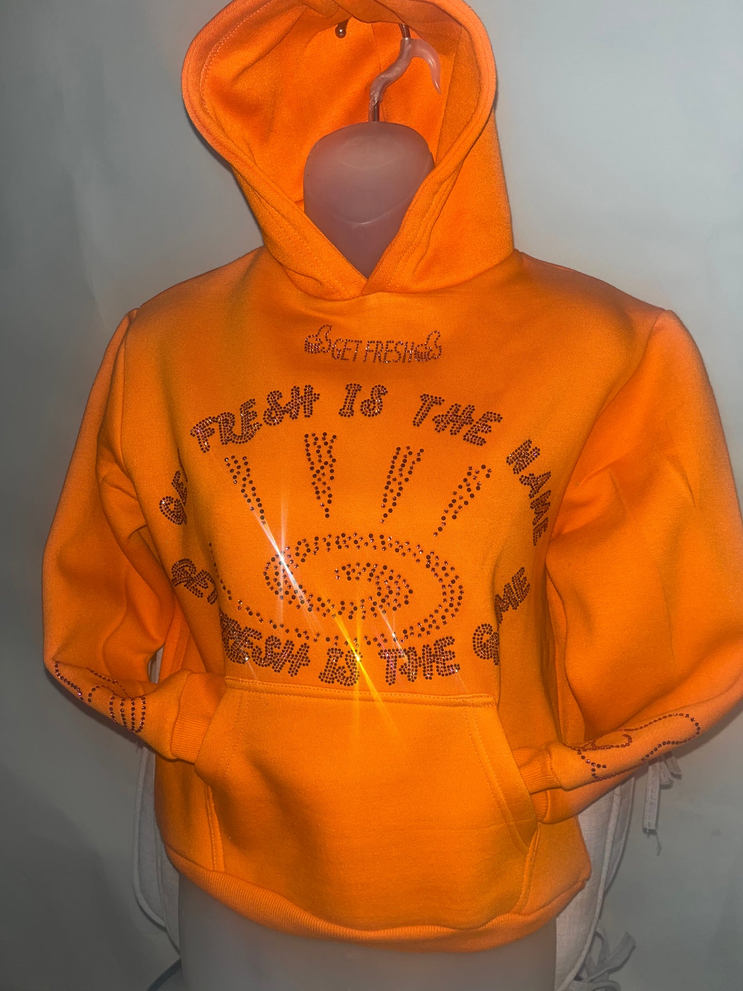 Bright Orange Kids GET FRESH OR GET LOST Hoodie With Pink Rhinestone