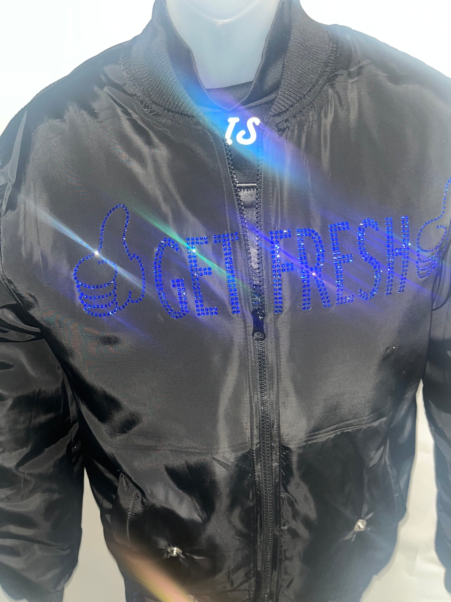 Royal Blue Swarovski Crystals Embroidery Black Bomber Jacket Unisex