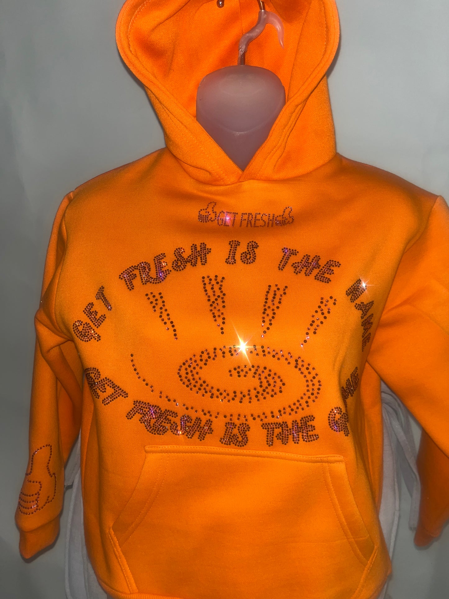 Bright Orange Kids GET FRESH OR GET LOST Hoodie With Pink Rhinestone